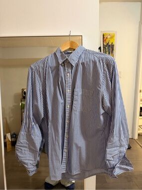 Uniqlo Men's Navy and White Striped Dress Shirt